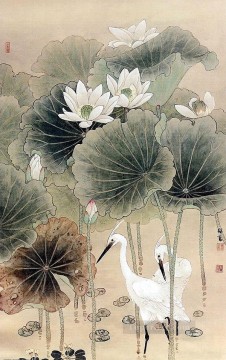 Chino Painting - Garceta en estanque de nenúfares chino antiguo